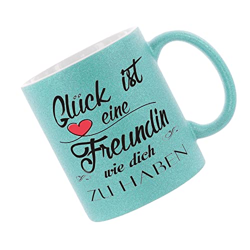 Glitzertasse (Hellblau) Glück ist eine Freundin wie dich zu haben - Kaffeetasse, bedruckte Tasse mit Sprüchen oder Bildern, Bürotasse, von Crealuxe