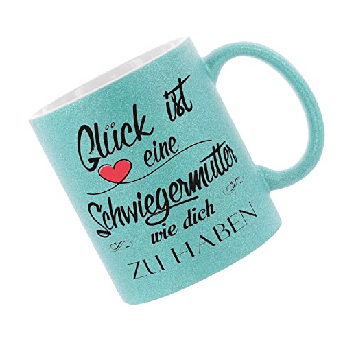 Crealuxe Glitzertasse (Hellblau) 'Glück ist eine Schwiegermutter wie dich zu haben.' bedruckt, Kaffeetasse, Bürotasse von Crealuxe