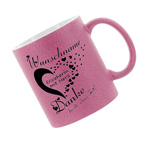 Glitzertasse (Pink) (Wunschname) Erzieherin mit Herz - Danke... - Kaffeetasse, bedruckte Tasse mit Sprüchen oder Bildern, Bürotasse, von Crealuxe