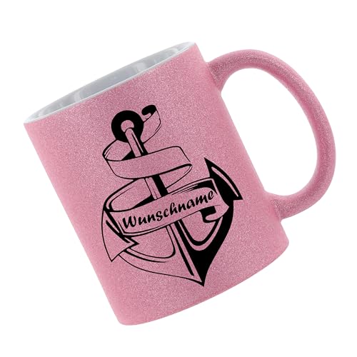 Glitzertasse (Pink) Ankermotiv (Wunschname) - Kaffeetasse, bedruckte Tasse mit Sprüchen oder Bildern, Bürotasse, von Crealuxe