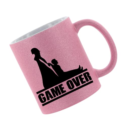 Glitzertasse (Pink) Game over Junggesellinnenabschied - Kaffeetasse, bedruckte Tasse mit Sprüchen oder Bildern, Bürotasse, von Crealuxe