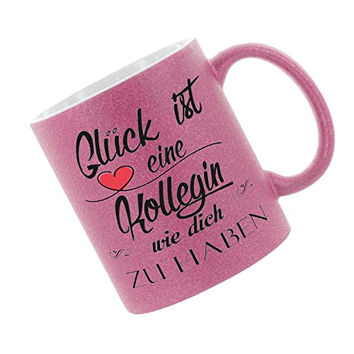 Crealuxe Glitzertasse (Pink) 'Glück ist eine Kollegin wie dich zu haben' bedruckt, Kaffeetasse, Bürotasse von Crealuxe