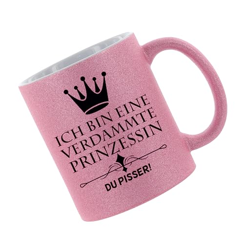 Glitzertasse (Pink) Ich bin eine verdammte Prinzessin du Pisser - Kaffeetasse, bedruckte Tasse mit Sprüchen oder Bildern, Bürotasse, von Crealuxe