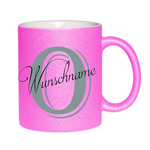 Glitzertasse (Pink) " O - Wunschname mit Buchstaben O - Name " - Kaffeetasse, bedruckte Tasse mit Sprüchen oder Bildern, Bürotasse, von Crealuxe