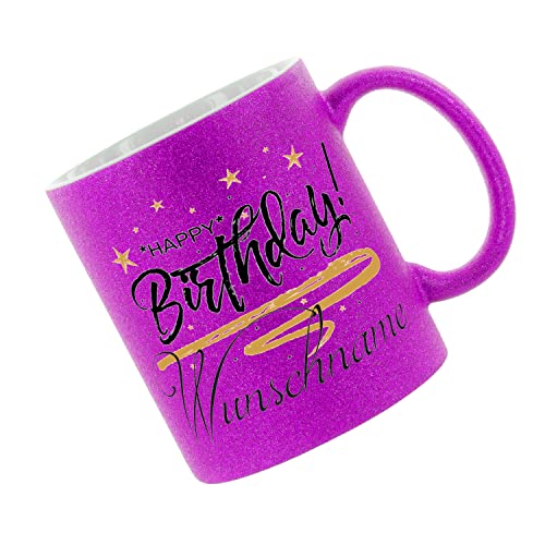 Crealuxe Glitzertasse (Purple) 'Happy Birthday Wunschname' personaliert, Kaffeetasse, Bürotasse von Crealuxe