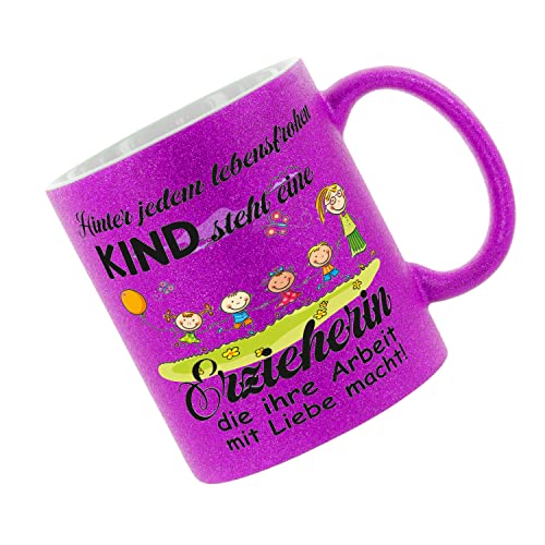 Glitzertasse (Purple) Hinter jedem lebensfrohen Kind steht eine Erzieherin - Kaffeetasse, bedruckte Tasse mit Sprüchen oder Bildern, Bürotasse, von Crealuxe