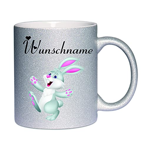 Glitzertasse (Silber) " Hase (Wunschname) " - Kaffeetasse, bedruckte Tasse mit Sprüchen oder Bildern, Bürotasse, von Crealuxe