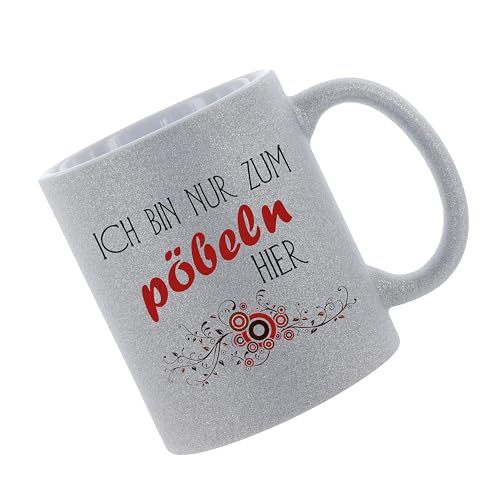 Glitzertasse (Silber) Ich bin nur zum Pöbeln hier. - Kaffeetasse, bedruckte Tasse mit Sprüchen oder Bildern, Bürotasse, von Crealuxe
