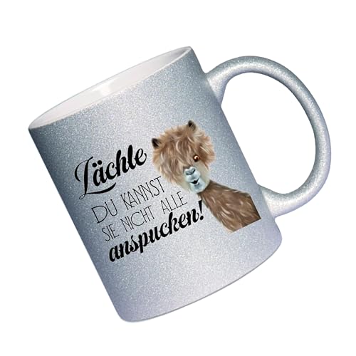 Glitzertasse (Silber) Lächle - du kannst sie nicht alle anspucken - Kaffeetasse, bedruckte Tasse mit Sprüchen oder Bildern, Bürotasse, von Crealuxe