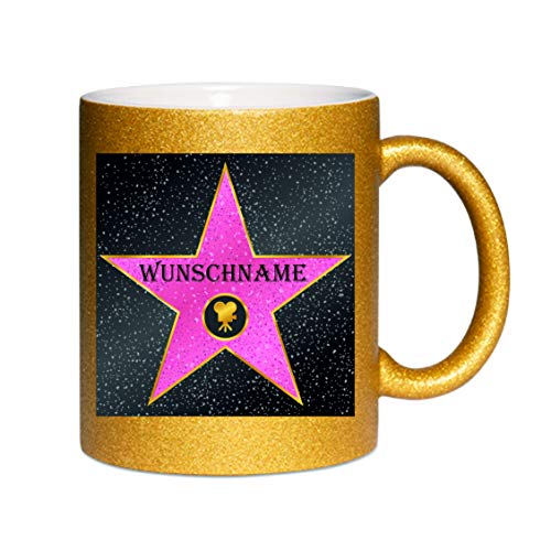 Glitzertasse (gold) "Walk of Fame" (Wunschname) ) " - Kaffeetasse, bedruckte Tasse mit Sprüchen oder Bildern, Bürotasse, von Crealuxe