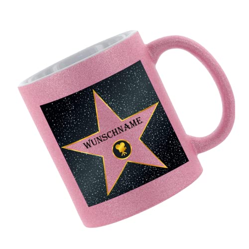 Crealuxe Glitzertasse Pink 'Walk of Fame (Wunschname)' personalisiert, Kaffeetasse, Bürotasse von Crealuxe