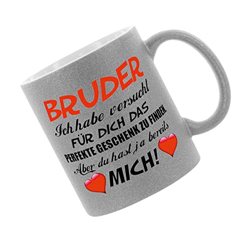 Crealuxe Glitzertasse (Silber) 'Bruder - ich habe versucht für dich ...' bedruckt, Kaffeetasse, Bürotasse von Crealuxe