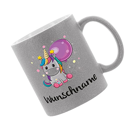 Glitzertasse (silber) Einhorntasse (Wunschname) - Kaffeetasse, bedruckte Tasse mit Sprüchen oder Bildern, Bürotasse, von Crealuxe