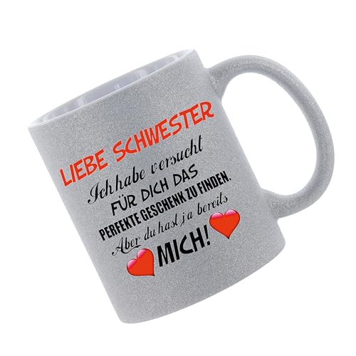 Glitzertasse (silber) Liebe Schwester - ich habe versucht für dich ... - Kaffeetasse, bedruckte Tasse mit Sprüchen oder Bildern, Bürotasse, von Crealuxe