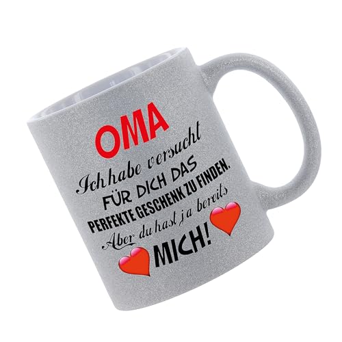 Glitzertasse (silber) Oma - ich habe versucht für dich ... - Kaffeetasse, bedruckte Tasse mit Sprüchen oder Bildern, Bürotasse, von Crealuxe