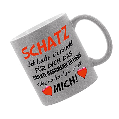 Crealuxe Glitzertasse (Silber) 'Schatz - ich habe versucht für dich ...' bedruckt, Kaffeetasse, Bürotasse von Crealuxe