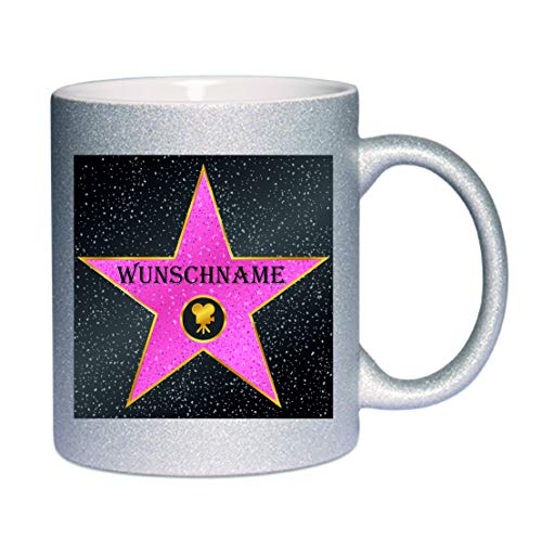 Glitzertasse (silber) "Walk of Fame" (Wunschname) ) " - Kaffeetasse, bedruckte Tasse mit Sprüchen oder Bildern, Bürotasse, von Crealuxe