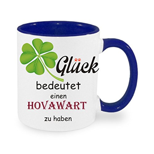 Glück bedeutet einen Hovawart zu haben - Kaffeetasse mit Motiv, Tasse mit Druck, auch individuell mit Spruch, Foto, Wunschtext, Wunschname (blau) von Crealuxe