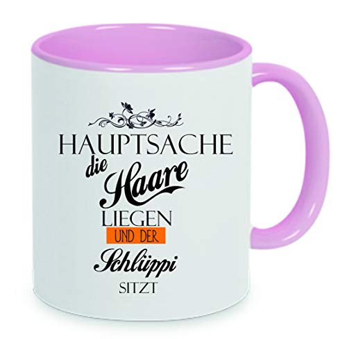 Hauptsache die Haare liegen und der Schlüppi sitzt Kaffeetasse mit Motiv, Tasse mit Druck, auch individuell mit Spruch, Foto, Wunschtext, Wunschname (Rosa) von Crealuxe