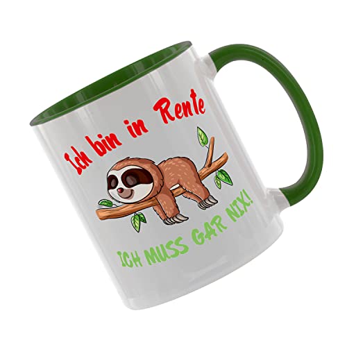 Ich bin in Rente - Ich muss gar nix - Faultier - Kaffeetasse mit Motiv, Tasse mit Druck, auch individuell mit Spruch, Foto, Wunschtext, Wunschname (Grün) von Crealuxe