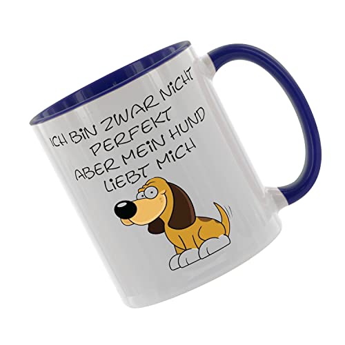 Ich bin zwar nicht perfekt aber mein Hund liebt mich - Kaffeetasse mit Motiv, Tasse mit Druck, auch individuell mit Spruch, Foto, Wunschtext, Wunschname (Blau) von Crealuxe