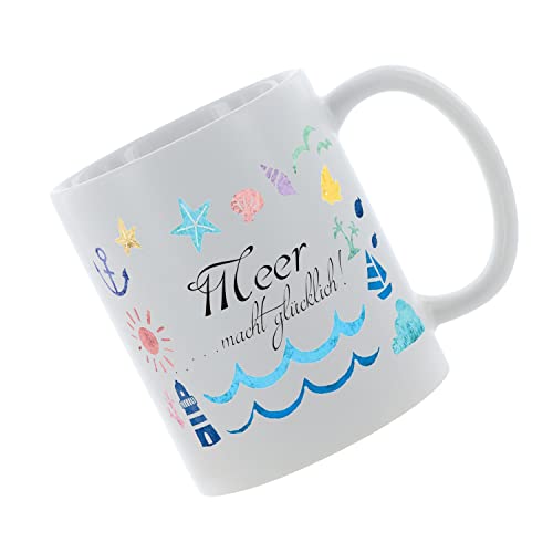 Kaffeebecher Meer macht Glücklich Kaffeetasse mit Motiv, Tasse mit Druck, auch individuell mit Spruch, Foto, Wunschtext, Wunschname von Crealuxe