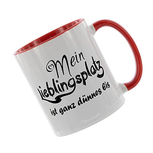 Mein Lieblingsplatz ist ganz dünnes Eis. Kaffeetasse mit Motiv, Tasse mit Druck, auch individuell mit Spruch, Foto, Wunschtext, Wunschname (Rot) von Crealuxe