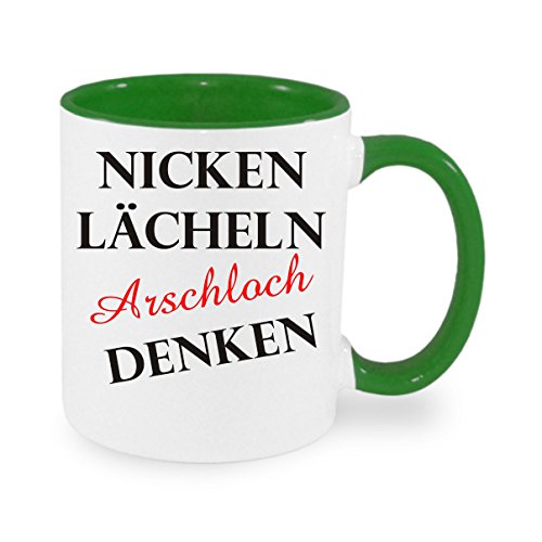 Nicken - lächeln - Arschloch denken Kaffeetasse mit Motiv, Tasse mit Druck, auch individuell mit Spruch, Foto, Wunschtext, Wunschname (Grün) von Crealuxe