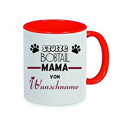 "Stolze Bobtail Mama von (Wunschname)" Kaffeetasse mit Motiv, Tasse mit Druck, auch individuell mit Spruch, Foto, Wunschtext, Wunschname (Rot) von Crealuxe
