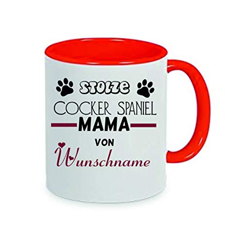 "Stolze Cocker Spaniel Mama von (Wunschname)" Kaffeetasse mit Motiv, Tasse mit Druck, auch individuell mit Spruch, Foto, Wunschtext, Wunschname (Rot) von Crealuxe