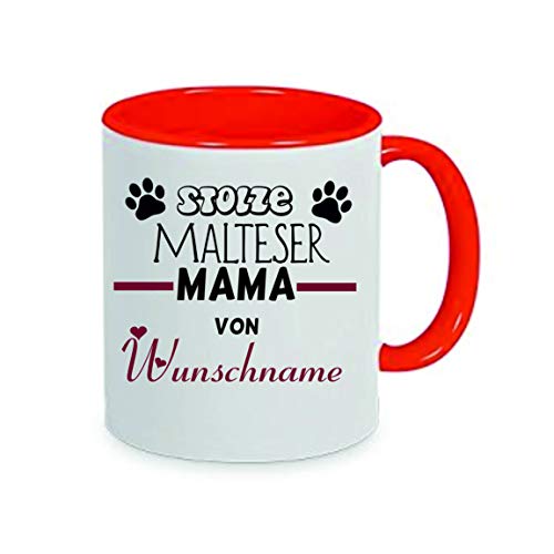 "Stolze Malteser Mama von (Wunschname)" Kaffeetasse mit Motiv, Tasse mit Druck, auch individuell mit Spruch, Foto, Wunschtext, Wunschname (Rot) von Crealuxe