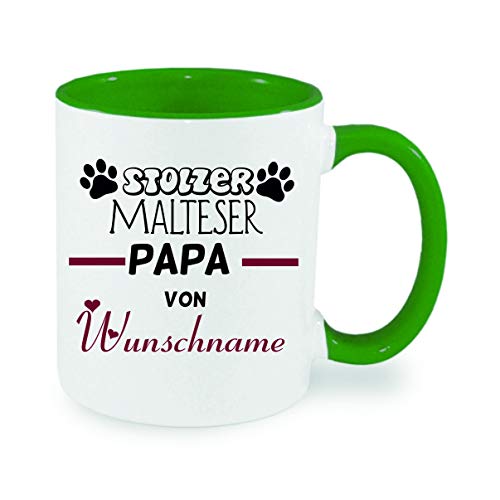 Stolzer Malteser Papa von (Wunschname) Kaffeetasse mit Motiv, Tasse mit Druck, auch individuell mit Spruch, Foto, Wunschtext, Wunschname (Grün) von Crealuxe