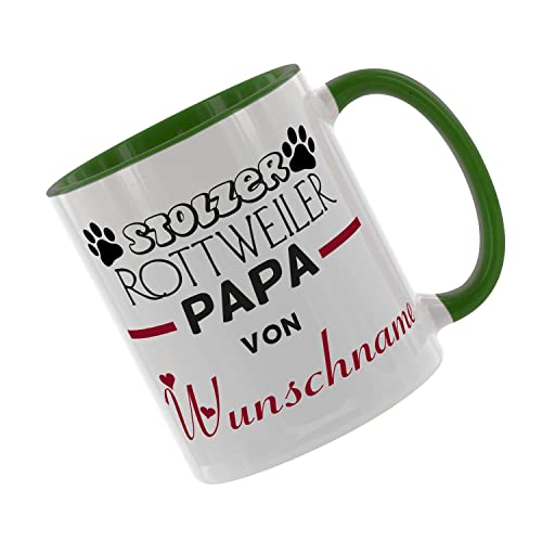 Stolzer Rottweiler Papa von (Wunschname) Kaffeetasse mit Motiv, Tasse mit Druck, auch individuell mit Spruch, Foto, Wunschtext, Wunschname (Grün) von Crealuxe
