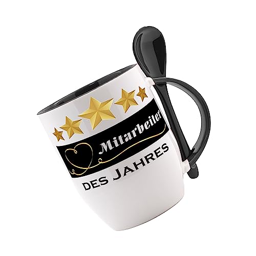 Tasse m. Löffel - 5 Sterne Mitarbeiter des Jahres - Kaffeetasse mit Motiv, bedruckte Tasse mit Sprüchen o. Bildern - auch indiv. Gestaltung von Crealuxe