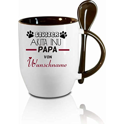 Tasse m. Löffel " Akita INU Papa von (Wunschname) " Löffeltasse, Kaffeetasse m. Motiv,Bürotasse, bedruckte Tasse mit Sprüchen oder Bildern - von Crealuxe