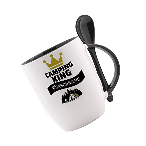 Tasse mit Löffel - Camping - King (Wunschname) - Löffeltasse, Kaffeetasse mit Motiv, Bürotasse, bedruckte Tasse mit Sprüchen von Crealuxe