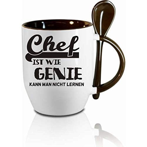 Tasse m. Löffel " Chef ist wie Genie - kann man nicht lernen " Löffeltasse, Kaffeetasse m. Motiv,Bürotasse, bedruckte Tasse mit Sprüchen oder Bildern - von Crealuxe