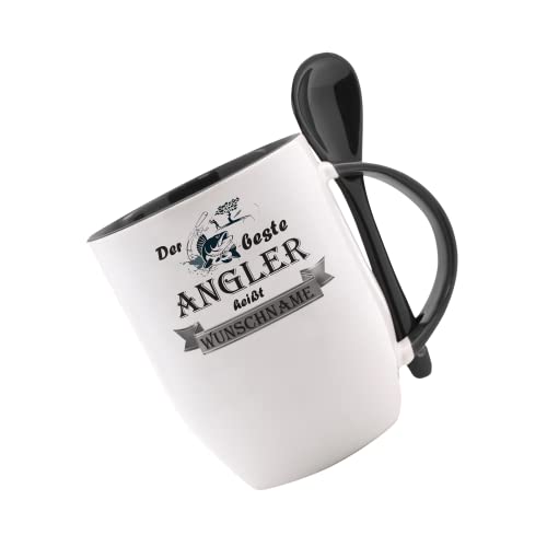 Tasse m. Löffel - Der Beste Angler heißt (Wunschname) - Löffeltasse, Kaffeetasse m. Motiv, Bürotasse, bedruckte Tasse mit Sprüchen oder Bildern, Tasse personalisiert von Crealuxe