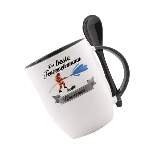 Tasse m. Löffel - Der Beste Feuerwehrmann heißt (Wunschname) - Löffeltasse, Kaffeetasse m. Motiv, Bürotasse, bedruckte Tasse mit Sprüchen oder Bildern, Tasse personalisiert von Crealuxe