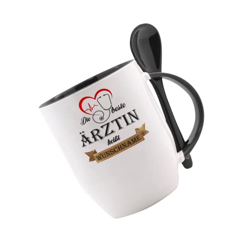 Tasse m. Löffel - Die Beste Ärztin heißt (Wunschname) - Löffeltasse, Kaffeetasse m. Motiv, Bürotasse, bedruckte Tasse mit Sprüchen oder Bildern, Tasse personalisiert von Crealuxe