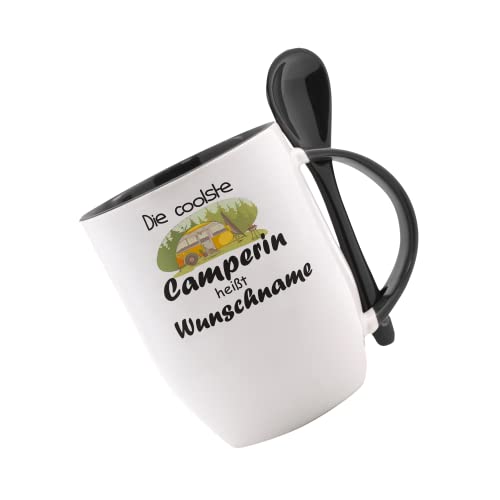 Tasse m. Löffel - Die Coolste Camperin heißt (Wunschname) - Löffeltasse, Kaffeetasse mit Motiv, Bürotasse, bedruckte Tasse mit Sprüchen, Tasse personalisiert von Crealuxe