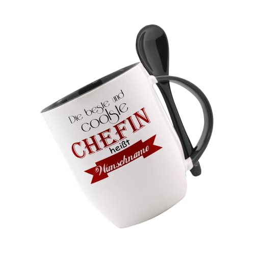 Tasse m. Löffel Die beste und coolste Chefin heißt (Wunschname) Löffeltasse, Kaffeetasse mit Motiv,Bürotasse, bedruckte Tasse mit Sprüchen oder Bildern - von Crealuxe