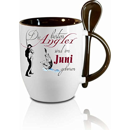 Tasse m. Löffel Die besten Angler sind im Juni geboren Löffeltasse, Kaffeetasse mit Motiv,Bürotasse, bedruckte Tasse mit Sprüchen oder Bildern (schwarz) von Crealuxe