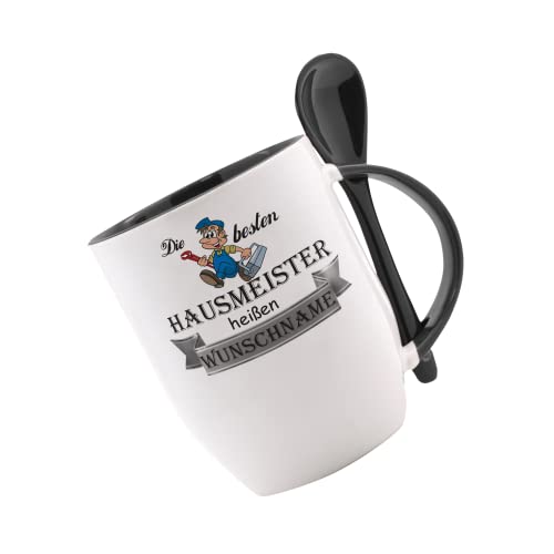 Tasse m. Löffel - Die besten Hausmeister heißen (Wunschname) - Löffeltasse, Spruchtasse, Bürotasse, bedruckte Keramiktasse, Tasse mit Spruch, Hochwertige Kaffeetasse, Personalisierte Geschenke von Crealuxe