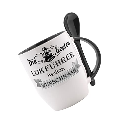 Tasse m. Löffel - Die besten Lokführer heißen (Wunschname) - Löffeltasse, Kaffeetasse mit Motiv, Bürotasse, bedruckte Tasse mit Sprüchen von Crealuxe