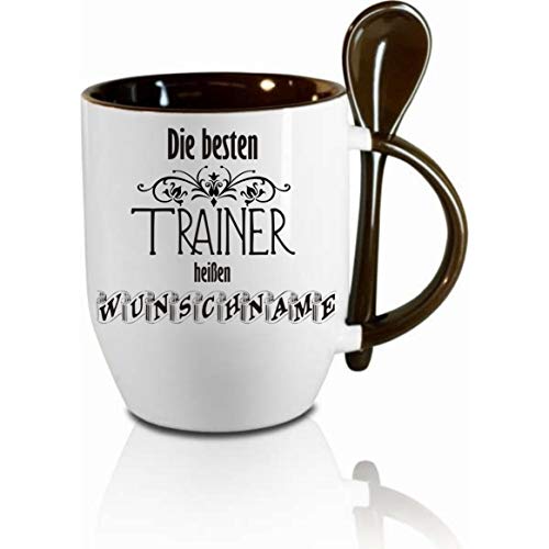 Tasse m. Löffel " Die besten Trainer heißen Wunschname " Löffeltasse, Kaffeetasse m. Motiv,Bürotasse, bedruckte Tasse mit Sprüchen oder Bildern - von Crealuxe