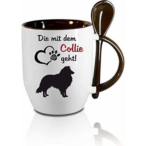 Tasse m. Löffel Die mit dem Collie geht - Löffeltasse, Kaffeetasse mit Motiv,Bürotasse, bedruckte Tasse mit Sprüchen oder Bildern - auch individuelle Gestaltung nach Kundenwunsch (schwarz) von Crealuxe