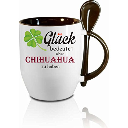 Tasse m. Löffel Glück bedeutet einen Chihuahua zu haben - Löffeltasse, Kaffeetasse mit Motiv,Bürotasse, bedruckte Tasse mit Sprüchen oder Bildern - (schwarz) von Crealuxe