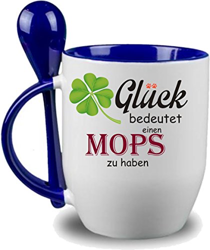 Tasse m. Löffel Glück bedeutet einen Mops zu haben - Löffeltasse, Kaffeetasse mit Motiv,Bürotasse, bedruckte Tasse mit Sprüchen oder Bildern - auch individuelle Gestaltung nach Kundenwunsch (blau) von Crealuxe