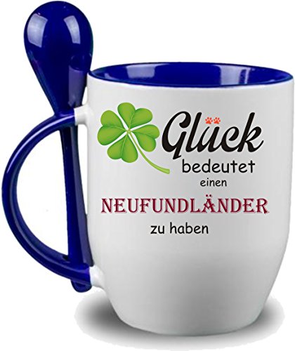 Tasse m. Löffel Glück bedeutet einen Neufundländer zu haben - Löffeltasse, Kaffeetasse mit Motiv,Bürotasse, bedruckte Tasse mit Sprüchen oder Bildern - (blau) von Crealuxe